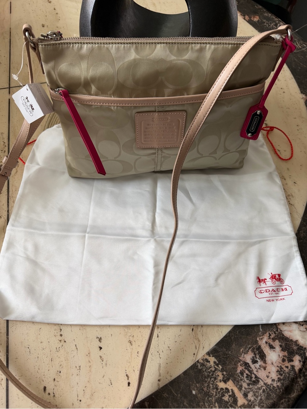 NWT Coach 2013 Beige Signature Crossbody with Pink Zipper Accents & Metal Tag